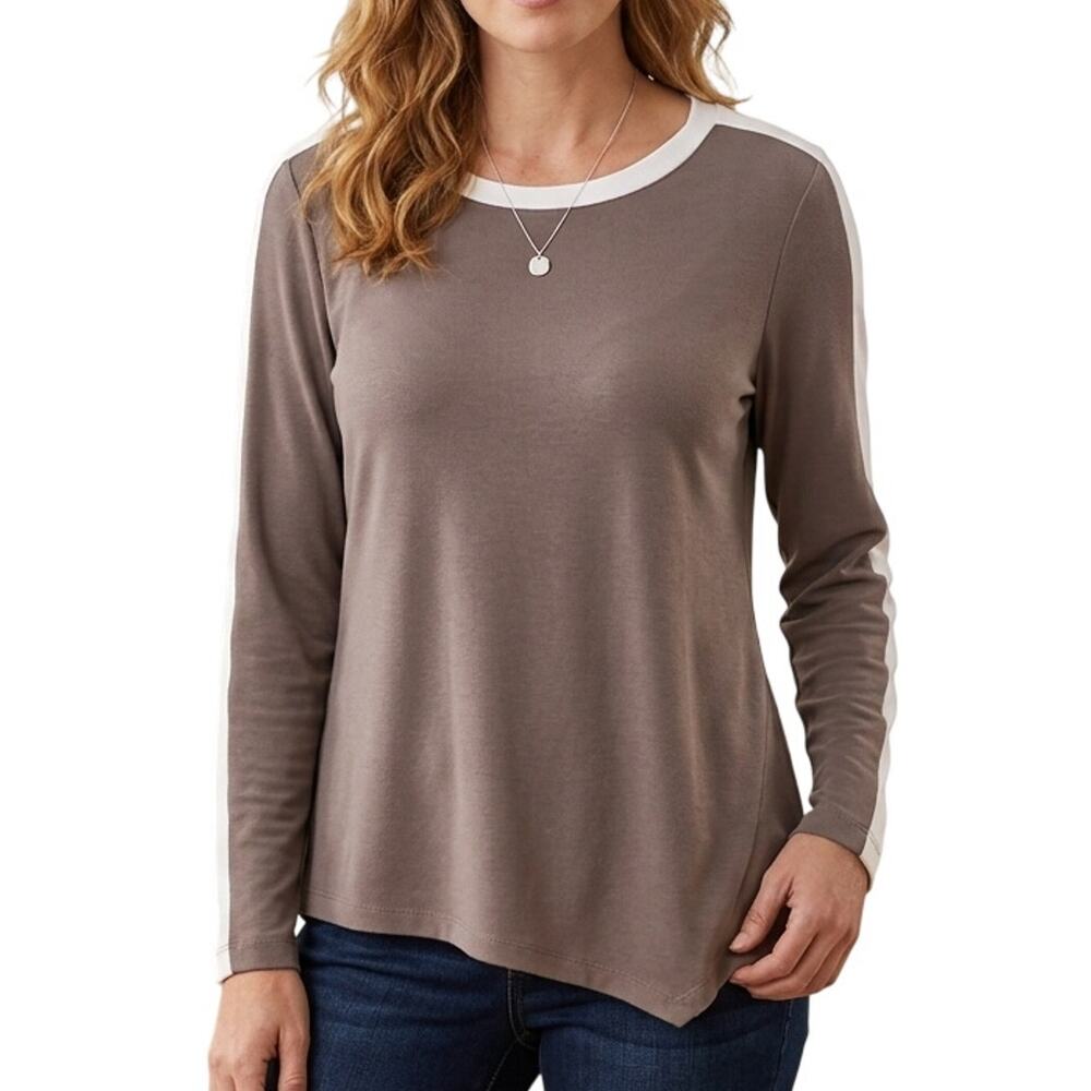 EASYWEAR BY CHICO'S Asymmetrical Hem Long Sleeve Slinky Top Medium Brown Pink